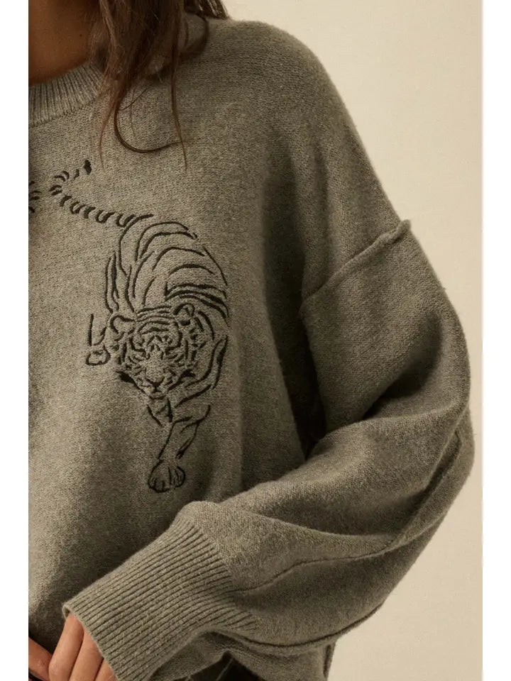 Embroidered Tigers Solid Knit Exposed-Seam Sweater