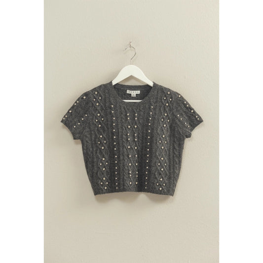 Grey Rhinestone Studded Sweater Top