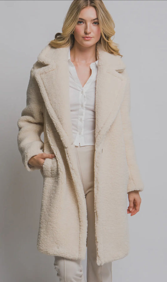 Cream Notched Lapel Teddy Bear Coat