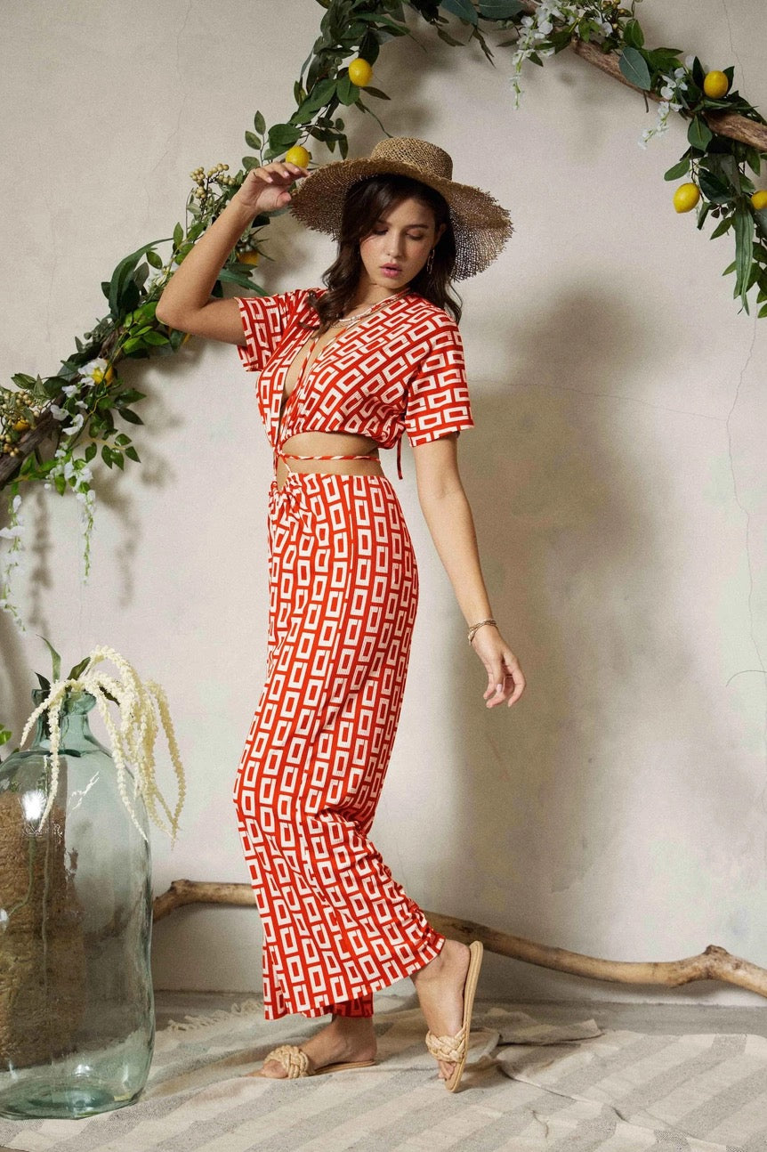Retro Print Wrap Ties Jumpsuit
