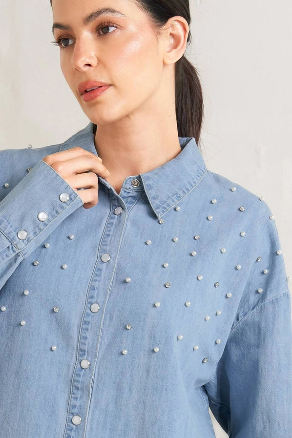 Chambray Pearl & Rhinestone Top