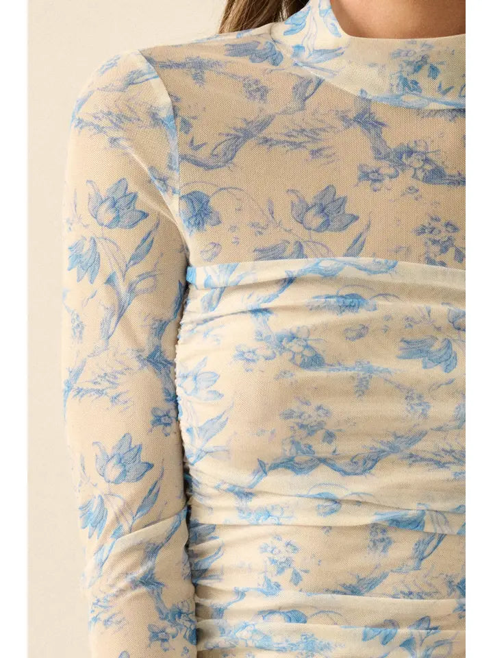 Blue and White Mesh Floral Bodysuit