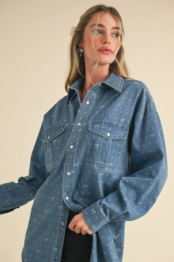 Bow Print Oversized Denim Button Down Top