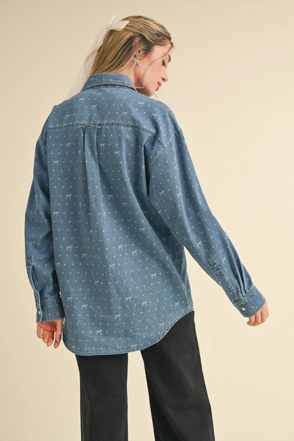Bow Print Oversized Denim Button Down Top