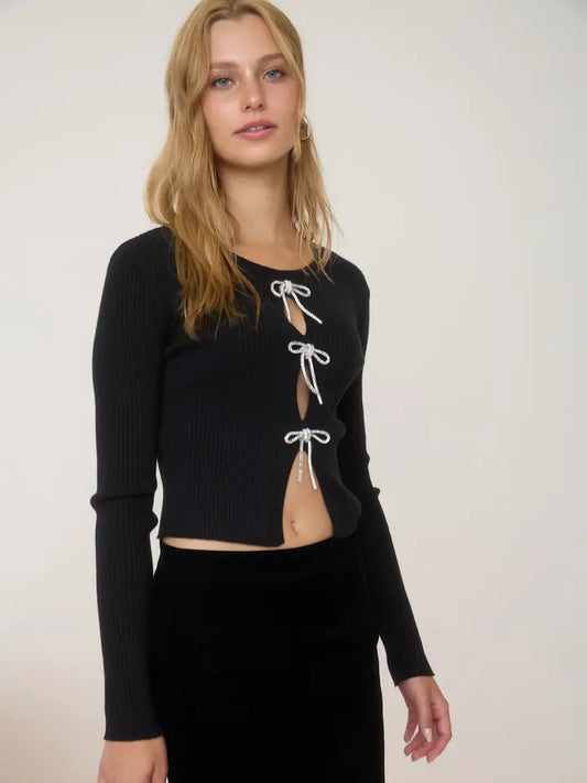 Front Jeweled Bow Cut-Out Detail Knit Cardigan