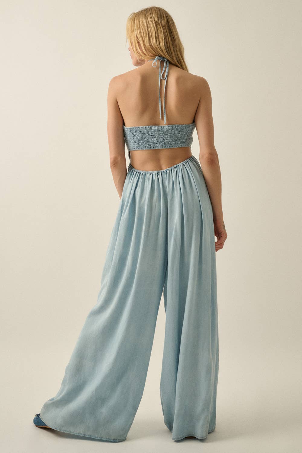 Tencel Denim Open-Back Wide-Leg Halter Jumpsuit