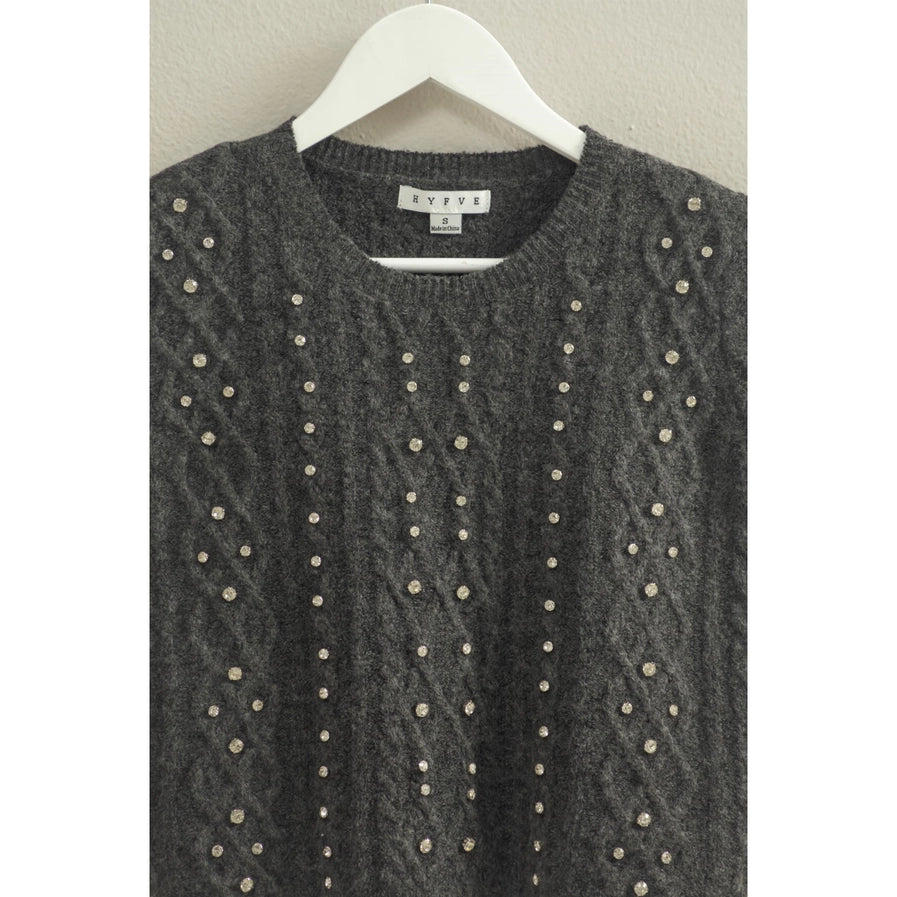Grey Rhinestone Studded Sweater Top