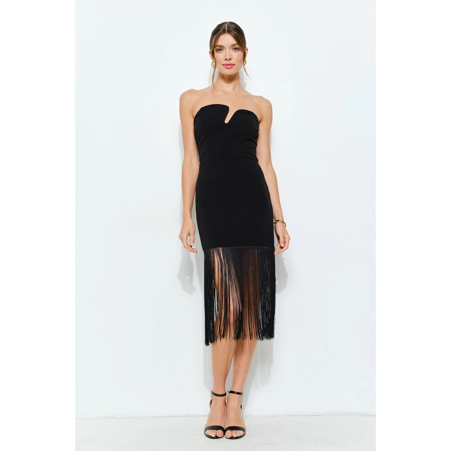 Strapless V-Cutout Neckline Fringed Midi Dress