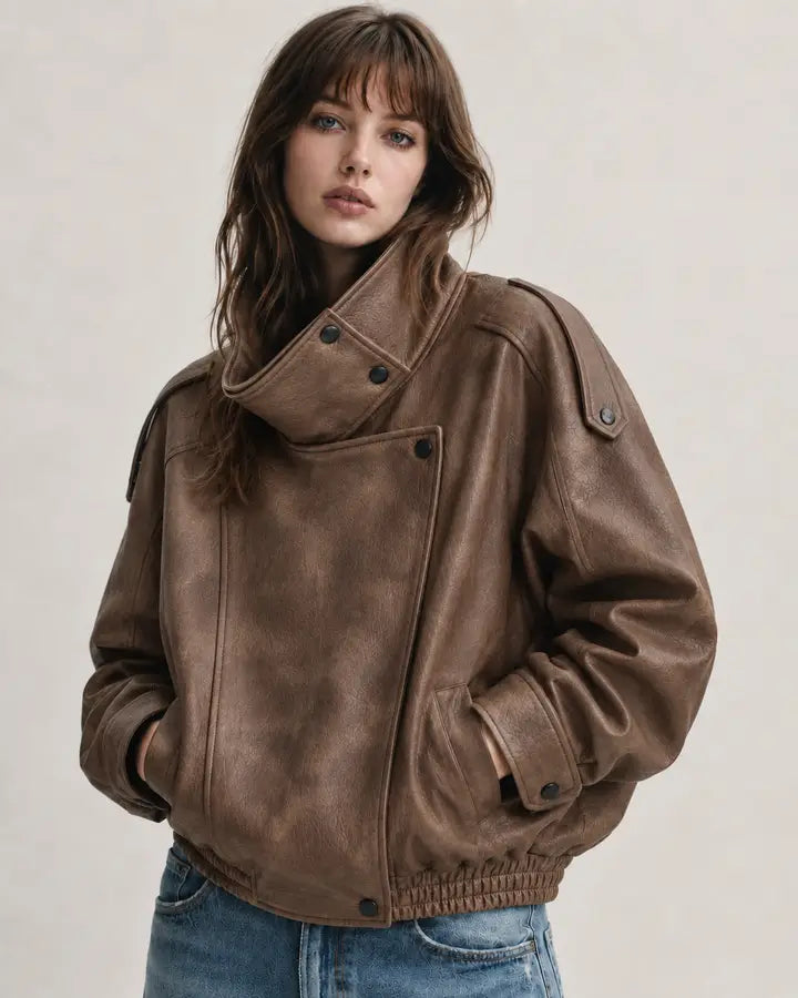 Funnel Neck Leather Jacket