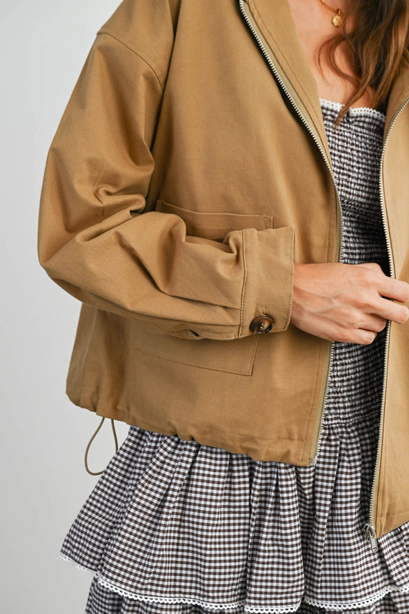 Collared Zip-Up Drawstring Jacket