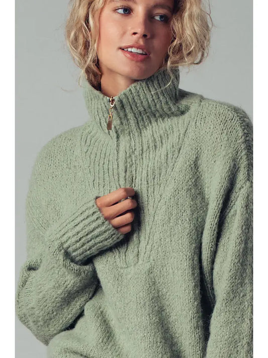 Cozy Knit Quarter Zip Fold Over Collar Sweater