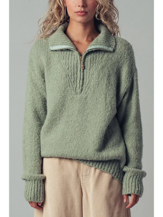 Cozy Knit Quarter Zip Fold Over Collar Sweater