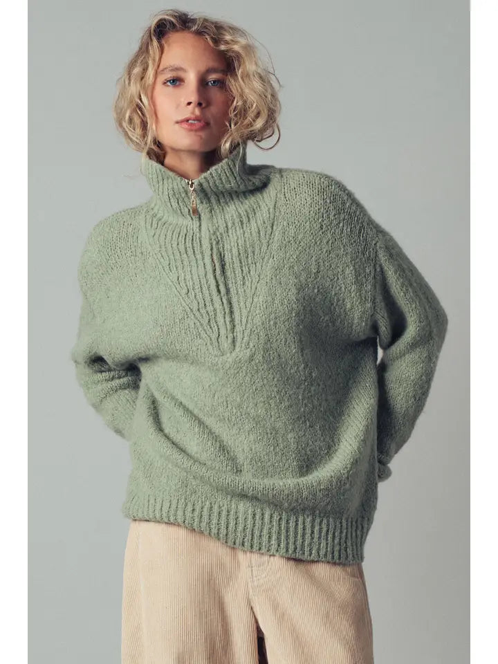 Cozy Knit Quarter Zip Fold Over Collar Sweater