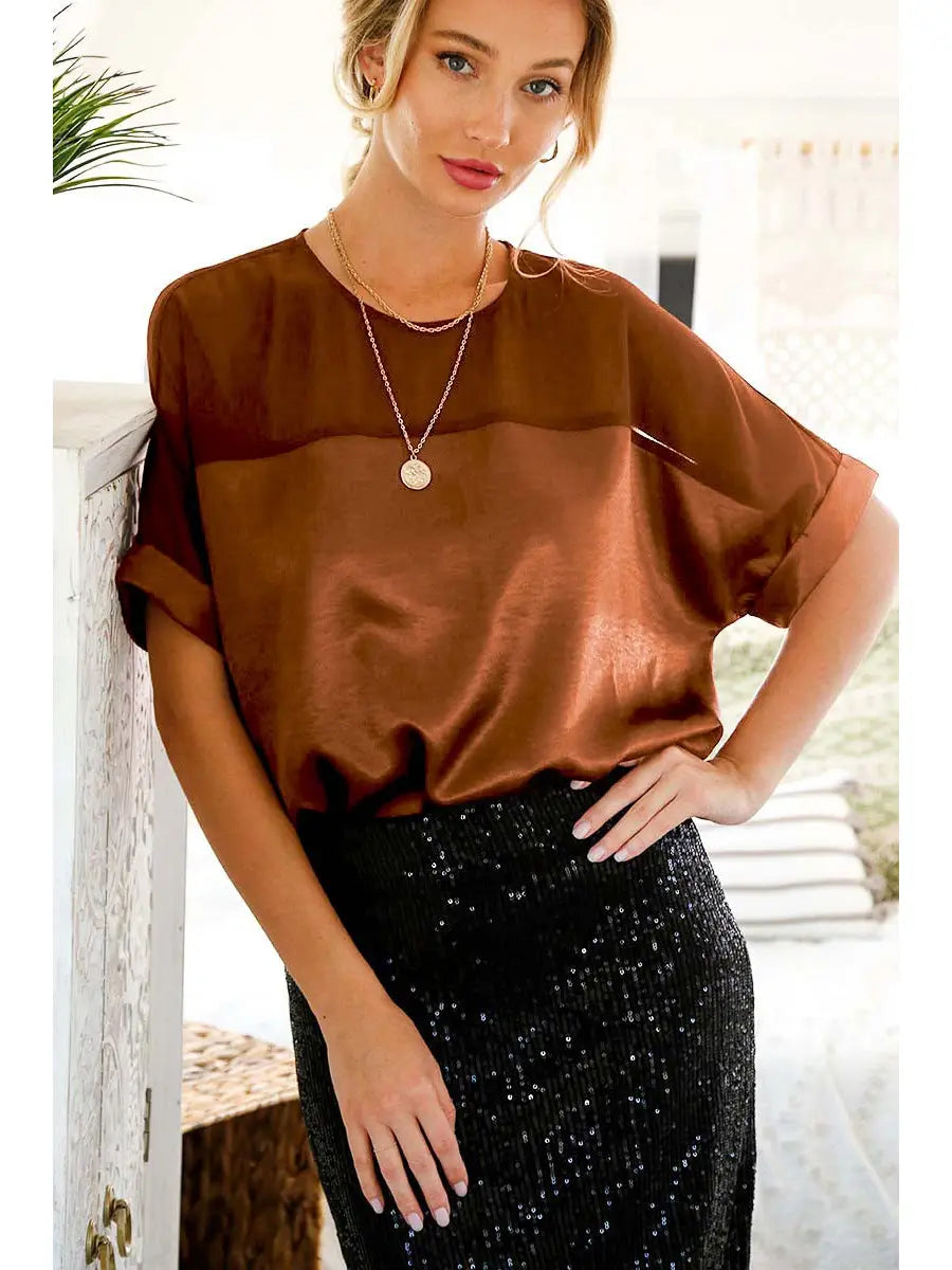 Round Neck Contrast Woven Satin Blouse Top