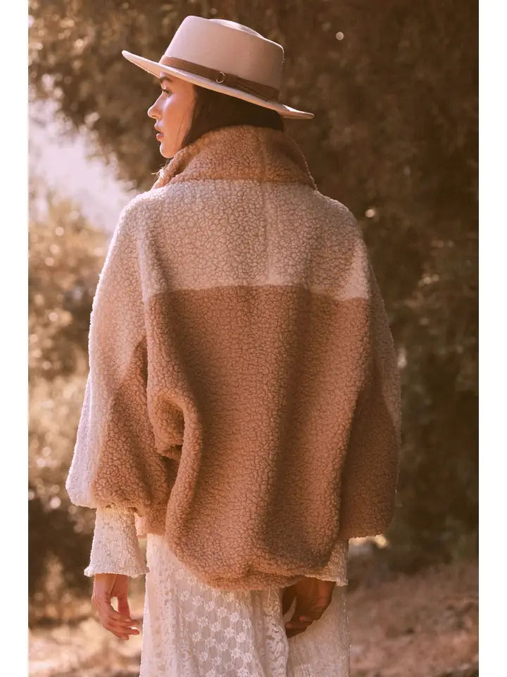 Colorblock Sherpa Fleece Zip-Up Jacket