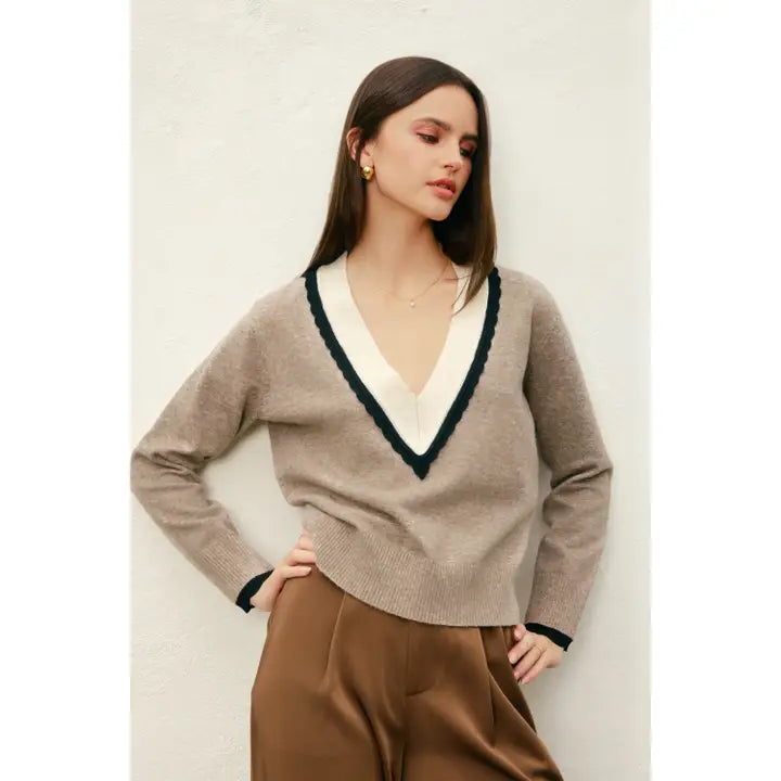 Varsity Contrast  V Neck Sweater