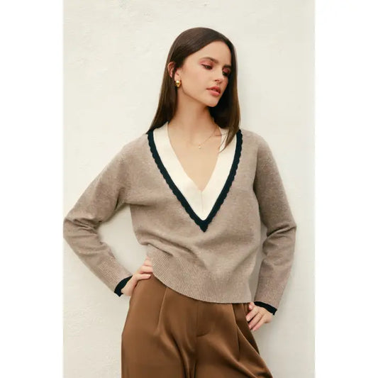 Varsity Contrast  V Neck Sweater