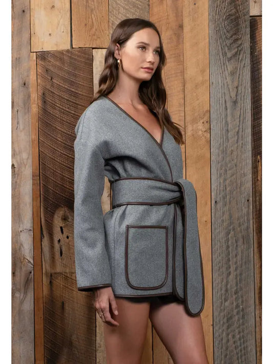 Contrast Trim Belted Coat