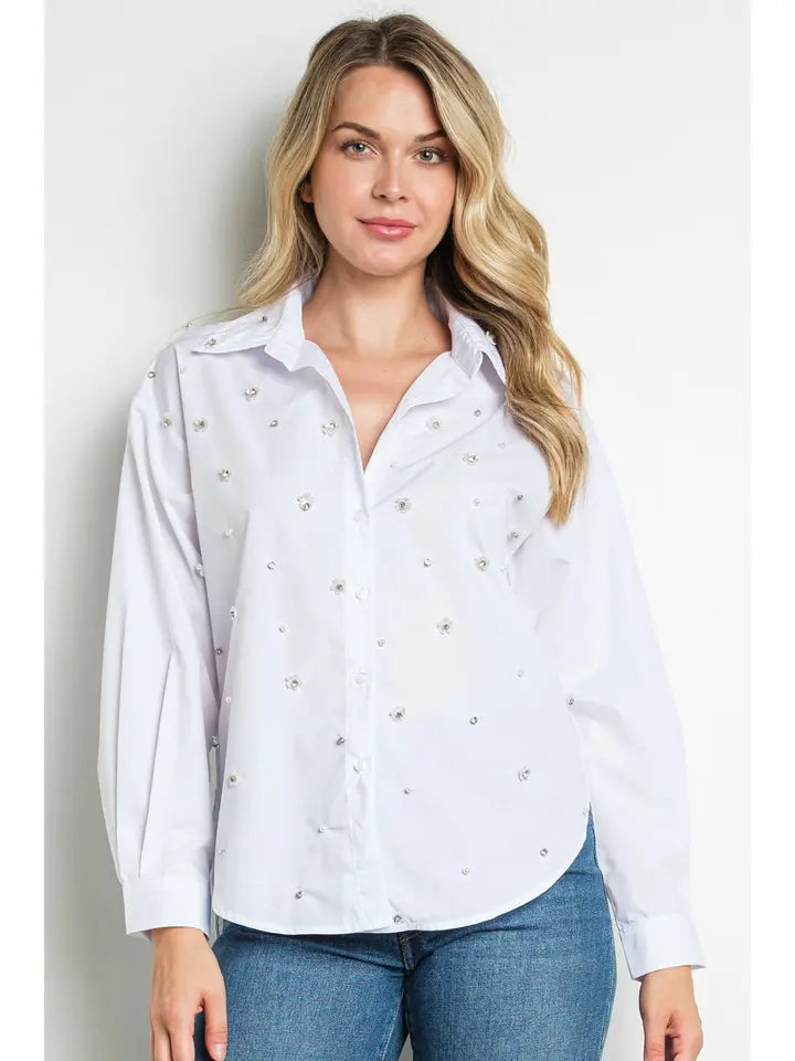 Floral Embellished Button-Down Long Sleeve Shirt