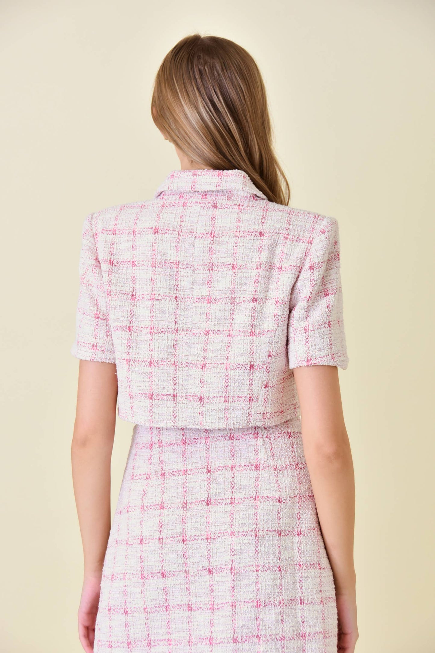 Short Sleeve Pink Tweed Crop Jacket