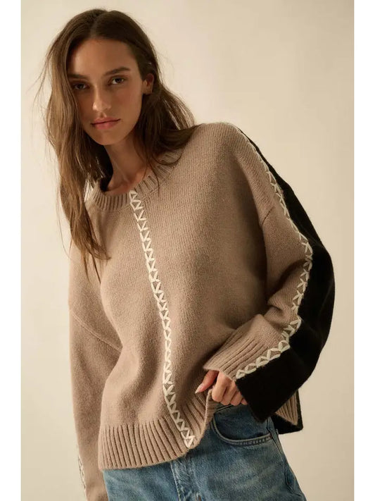 Color block Knit Stitched Loose-Fit Sweater