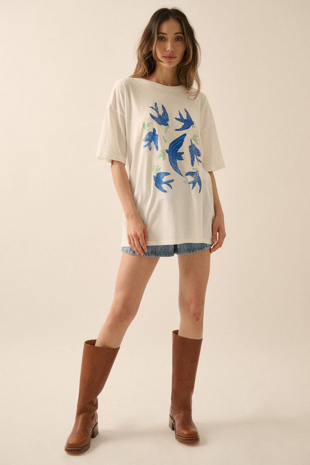 Vintage Birds Garment Washed Oversized Graphic Tee