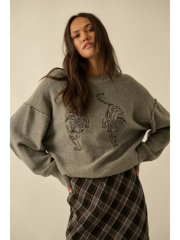 Embroidered Tigers Solid Knit Exposed-Seam Sweater