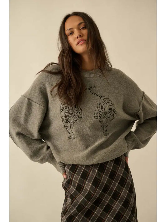 Embroidered Tigers Solid Knit Exposed-Seam Sweater