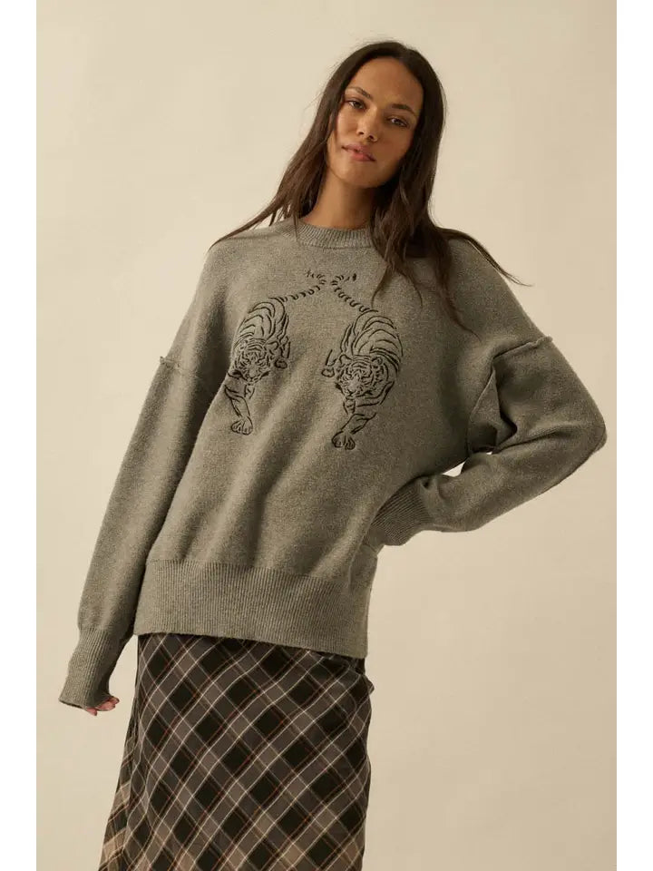 Embroidered Tigers Solid Knit Exposed-Seam Sweater