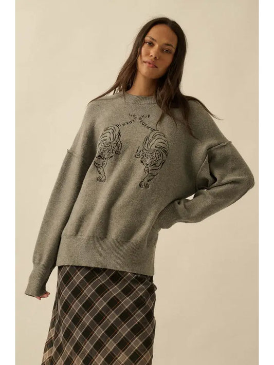 Embroidered Tigers Solid Knit Exposed-Seam Sweater