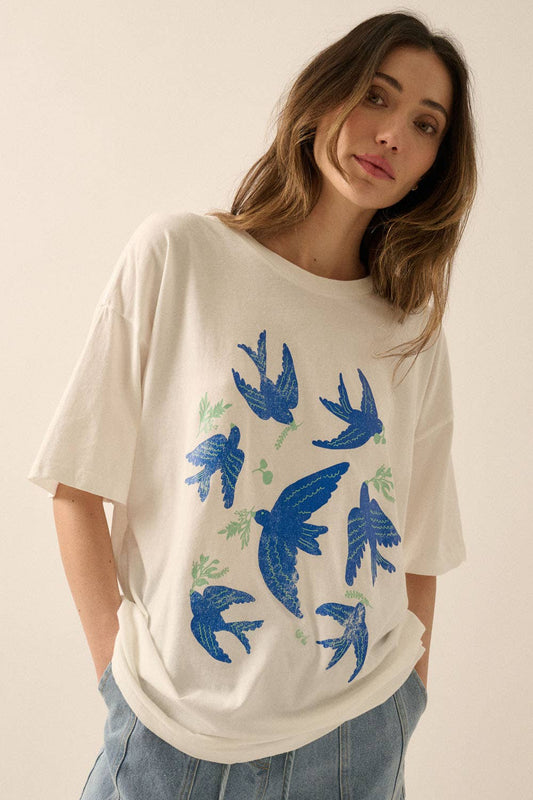 Vintage Birds Garment Washed Oversized Graphic Tee