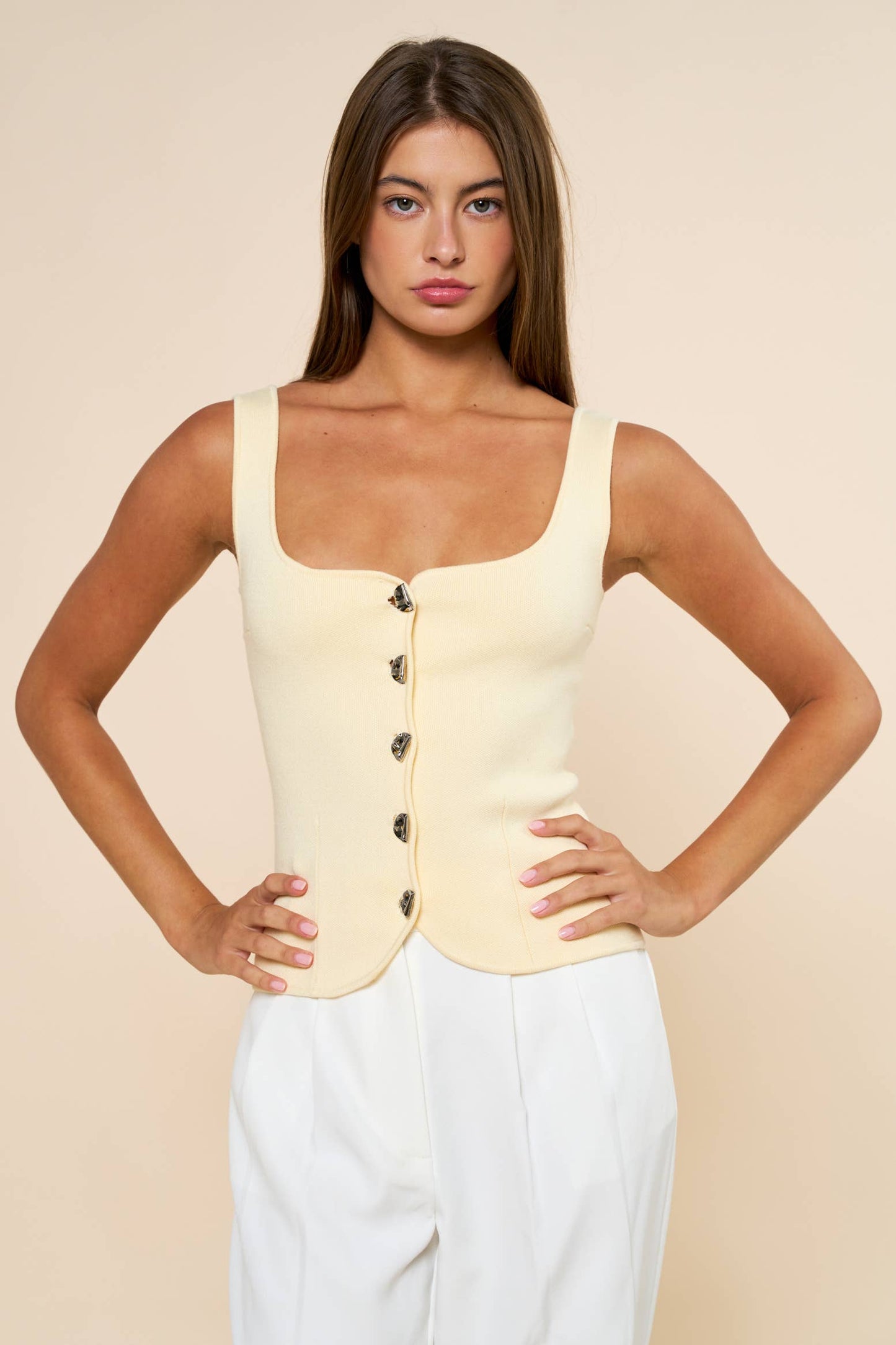 Button Up Square Neck Knit Top