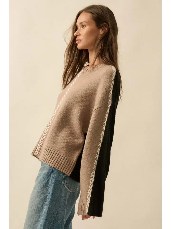 Color block Knit Stitched Loose-Fit Sweater