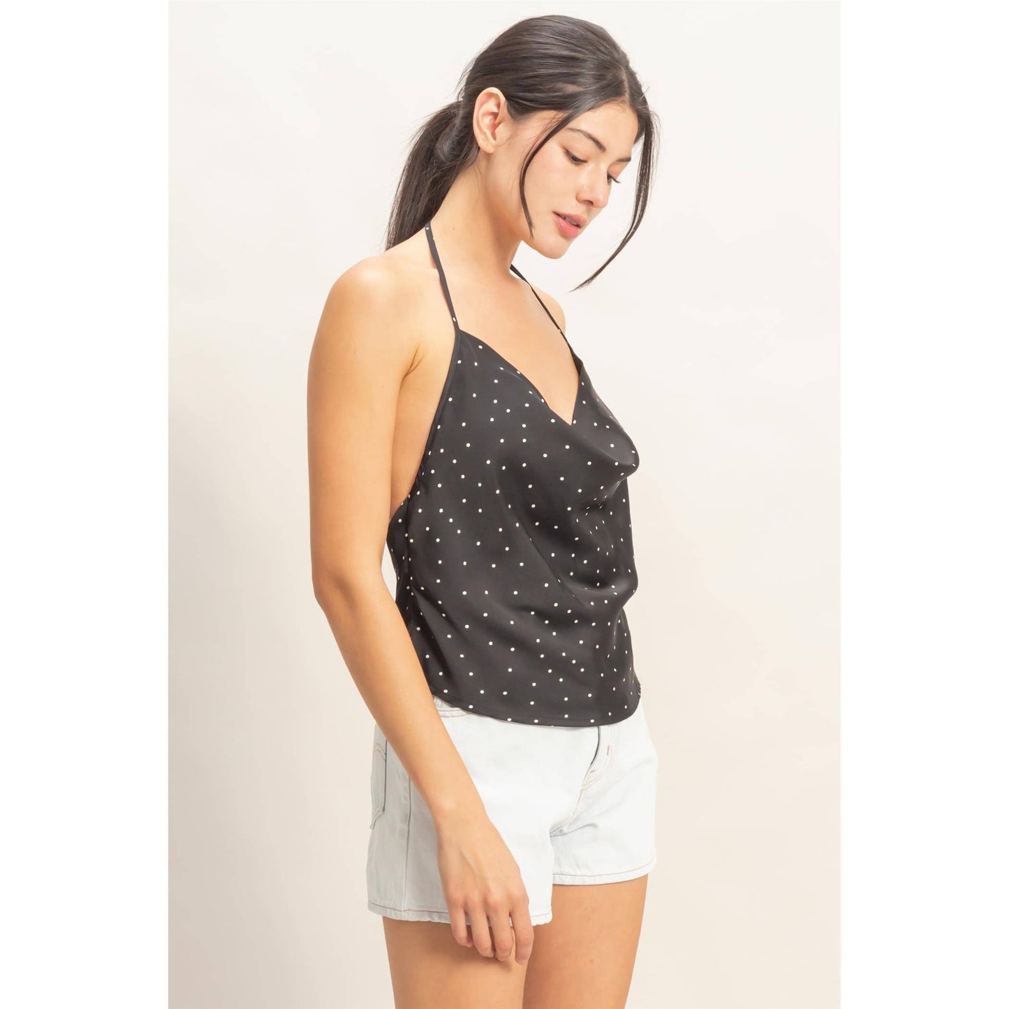 Polka Dot Cowl Neck Halter Top