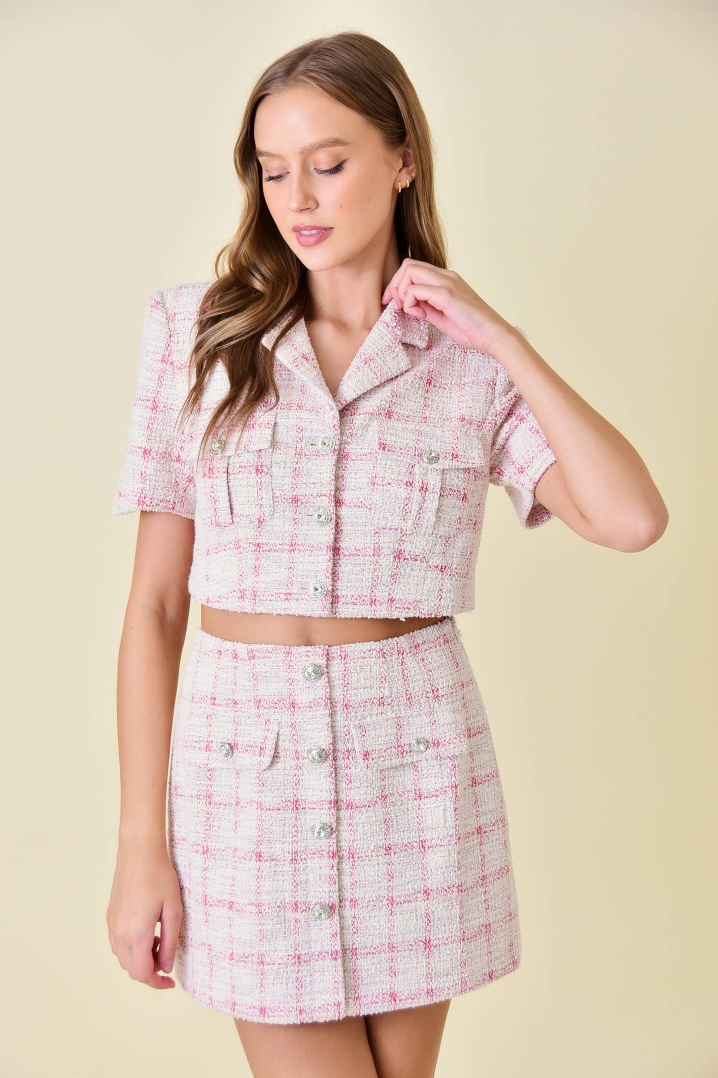 Short Sleeve Pink Tweed Crop Jacket