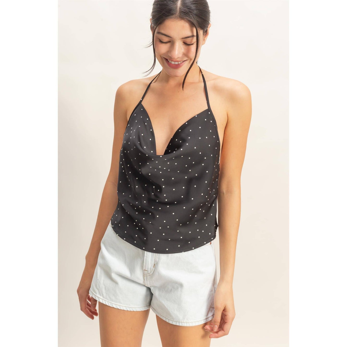 Polka Dot Cowl Neck Halter Top