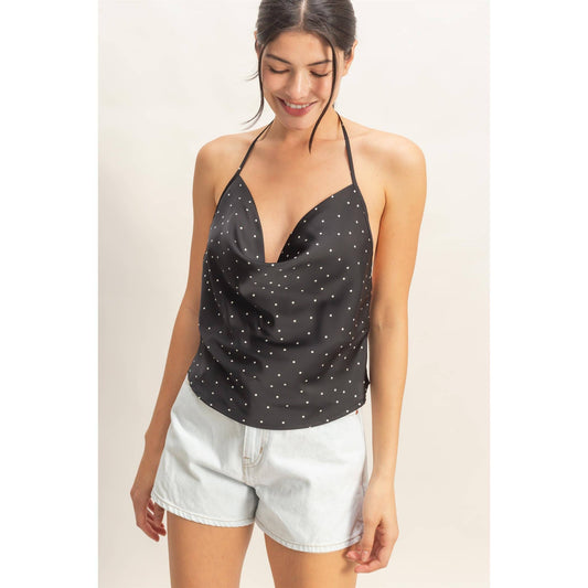 Polka Dot Cowl Neck Halter Top
