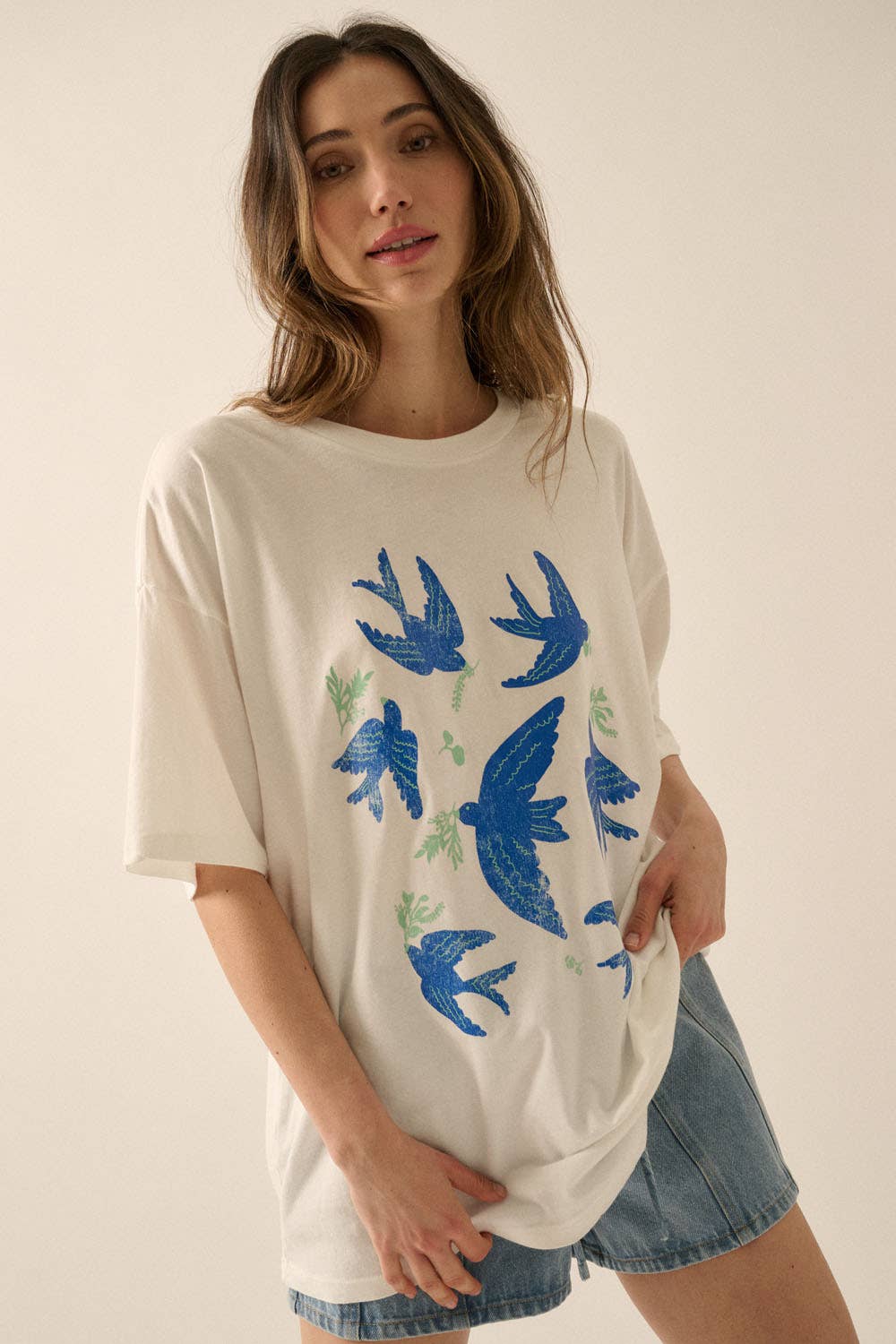 Vintage Birds Garment Washed Oversized Graphic Tee