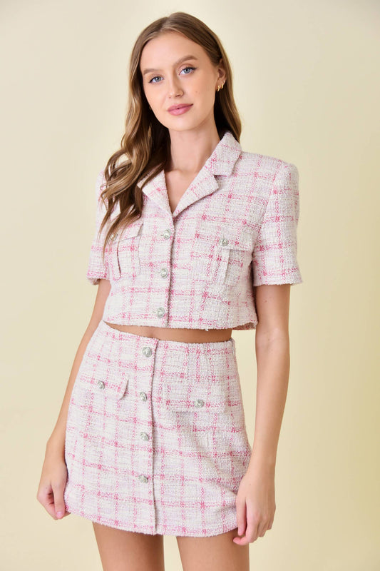 Short Sleeve Pink Tweed Crop Jacket