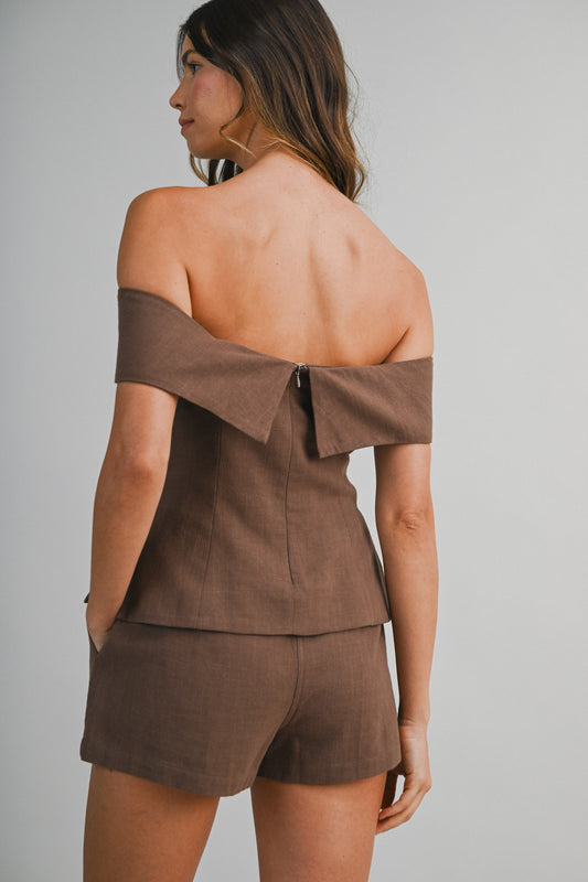 Linen Off Shoulder Tunic Top And Shorts Se