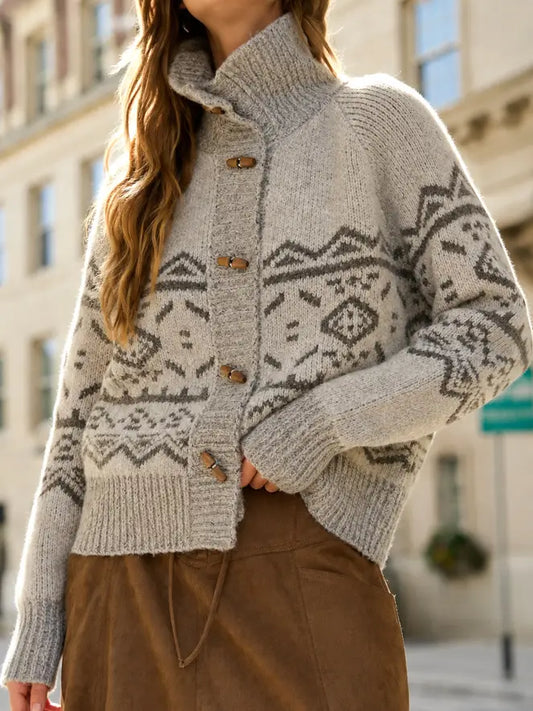 Mock Neck Toggle Button Fair Isle Knit Cardigan