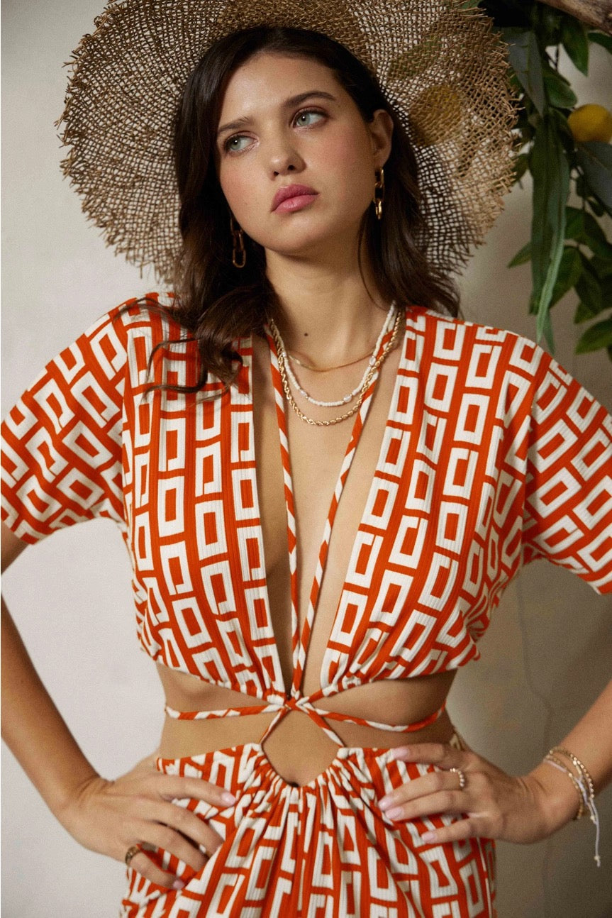 Retro Print Wrap Ties Jumpsuit