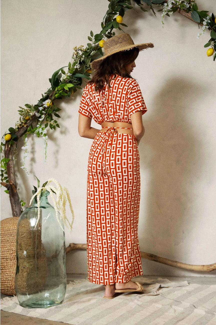 Retro Print Wrap Ties Jumpsuit