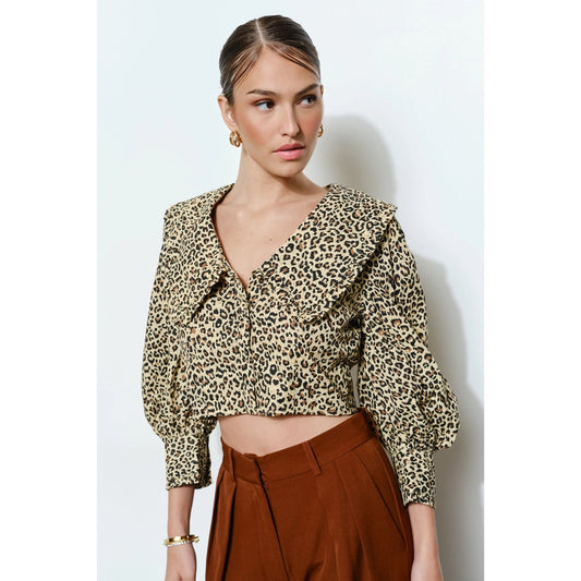 Leopard Print Blouse with Statement Wide Collar