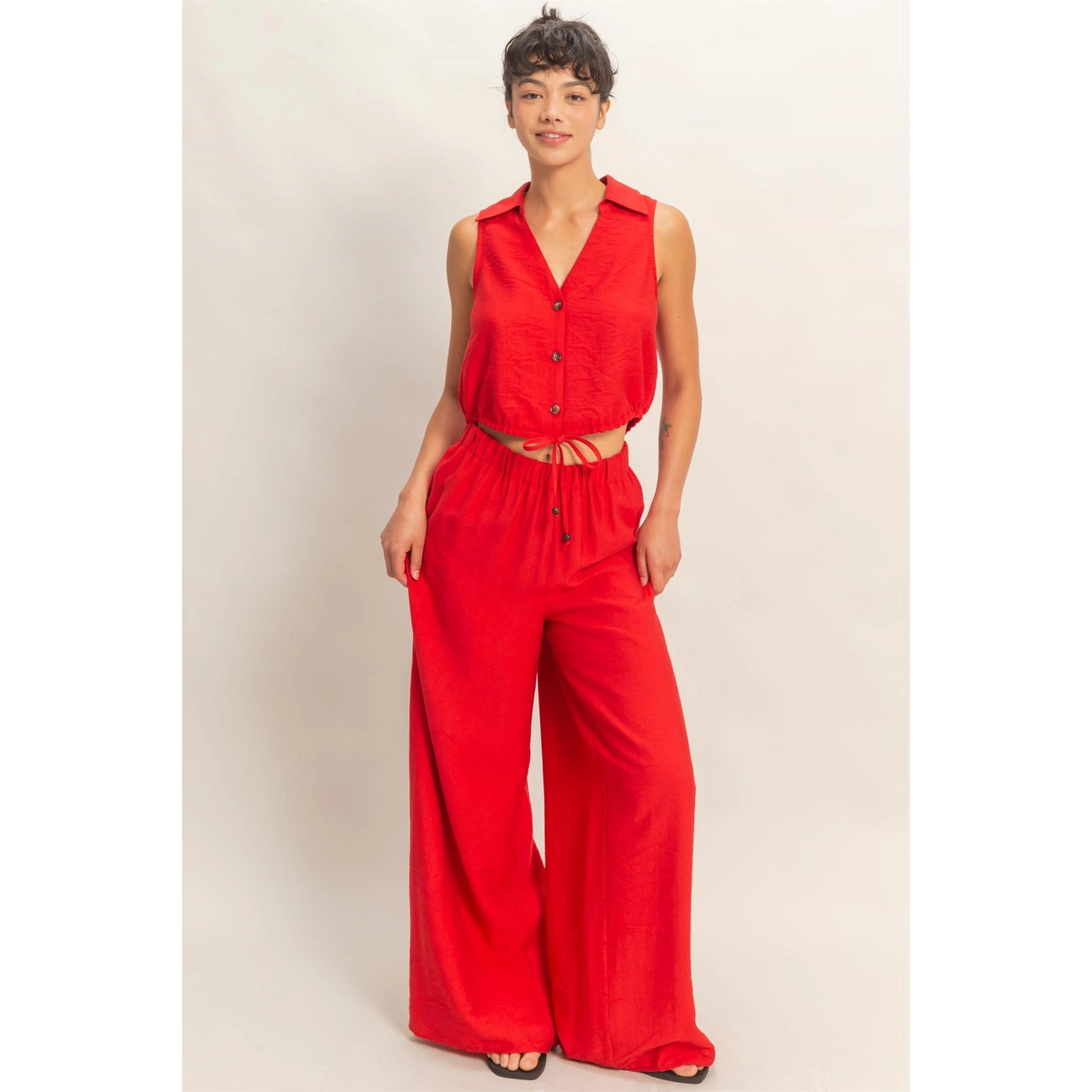Red Button Front Vest & Pants Set