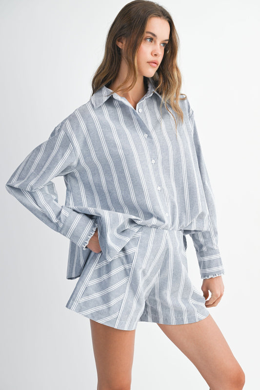 Pin Stripe Button Down Shirt Top And Shorts Set