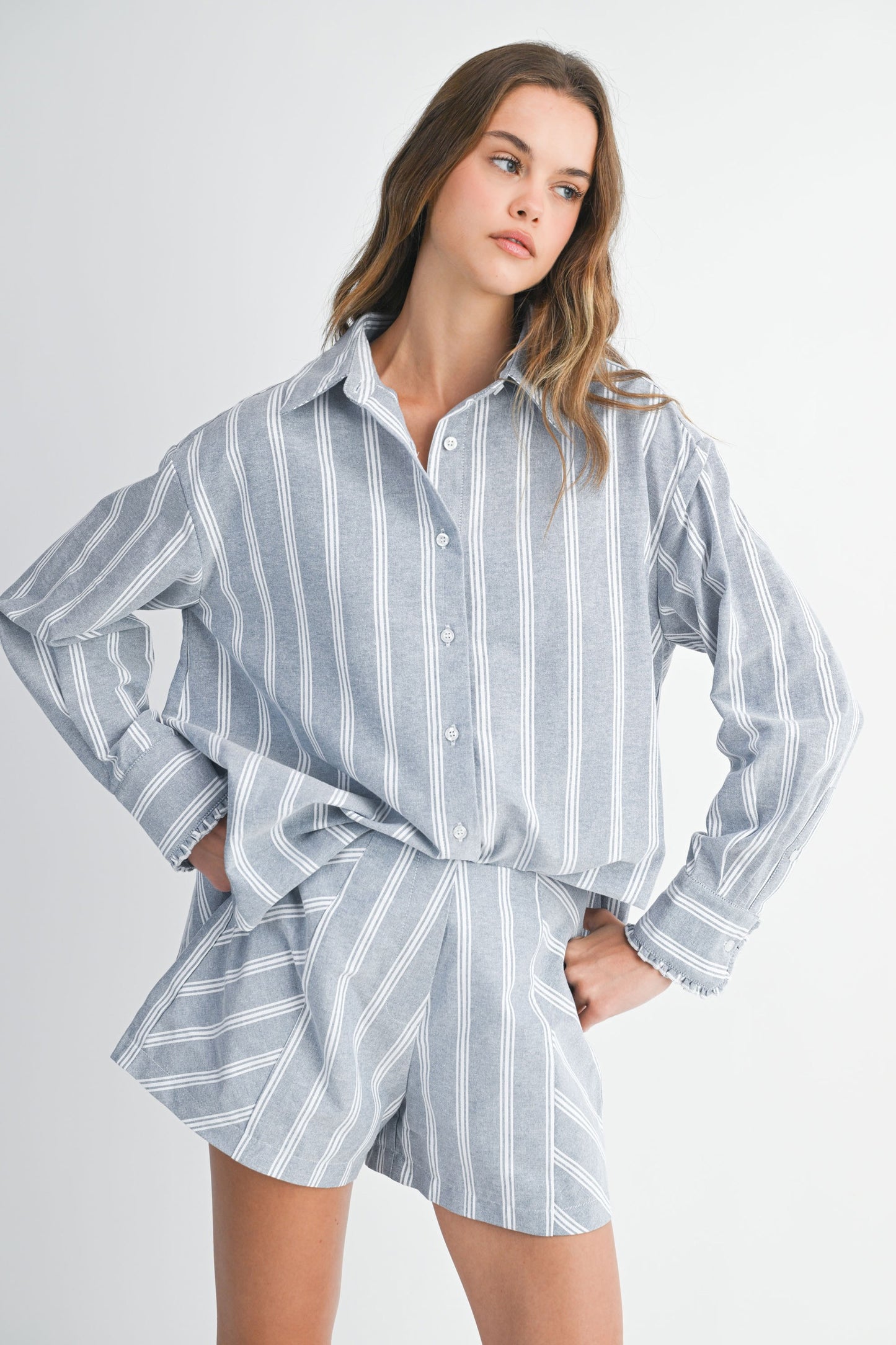 Pin Stripe Button Down Shirt Top And Shorts Set
