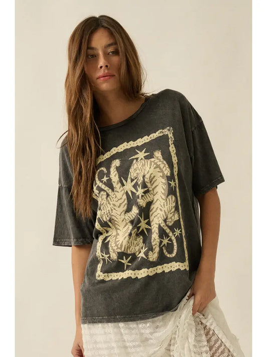 Tigers and Stars Vintage-Wash Oversized Graphic Tee