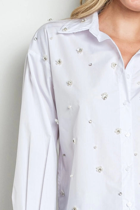 Floral Embellished Button-Down Long Sleeve Shirt