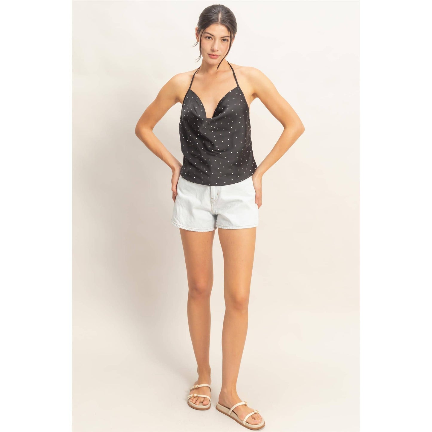 Polka Dot Cowl Neck Halter Top